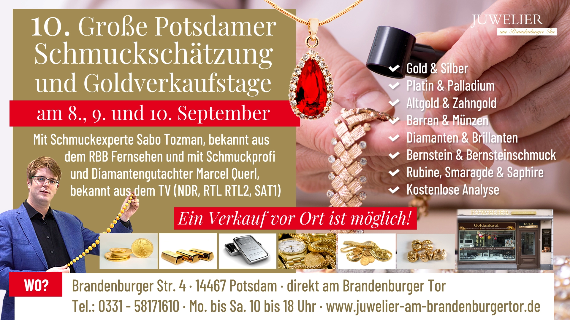 10. Große Potsdamer Schmuckschätzung und Goldverkaufstage am 8., 9. und 10. September