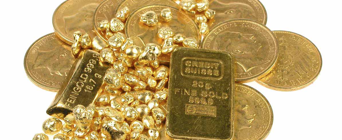 Goldmünzen, Goldbarren und Gold-Nuggets