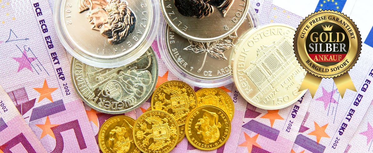 Goldmünzen, Silbermünzen und Euro Geldscheine